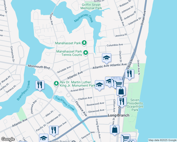 map of restaurants, bars, coffee shops, grocery stores, and more near 135 Atlantic Avenue in Long Branch