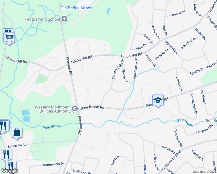 map of restaurants, bars, coffee shops, grocery stores, and more near 1 Woodcrest Terrace in Manalapan Township
