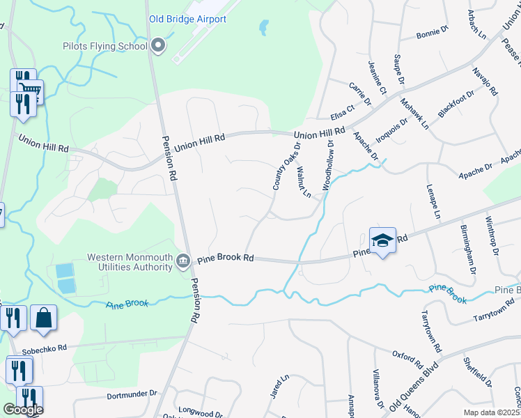 map of restaurants, bars, coffee shops, grocery stores, and more near 1 Woodcrest Terrace in Manalapan Township