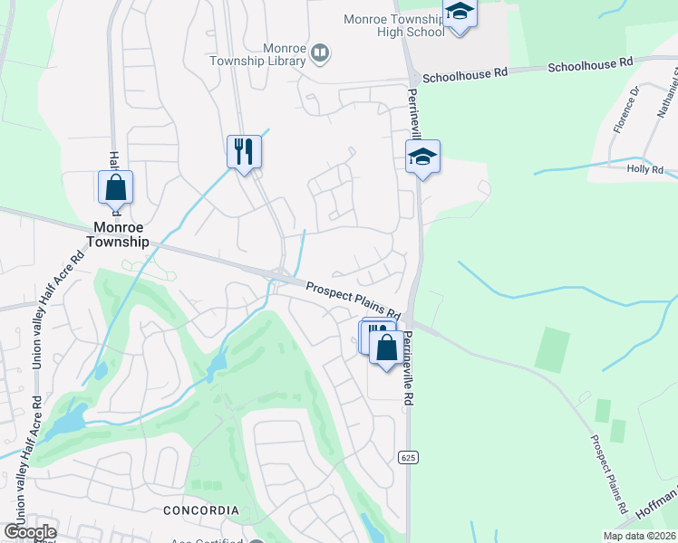 map of restaurants, bars, coffee shops, grocery stores, and more near 9D Chadwick Lane in Monroe Township