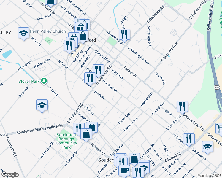 map of restaurants, bars, coffee shops, grocery stores, and more near 450 North School Lane in Souderton