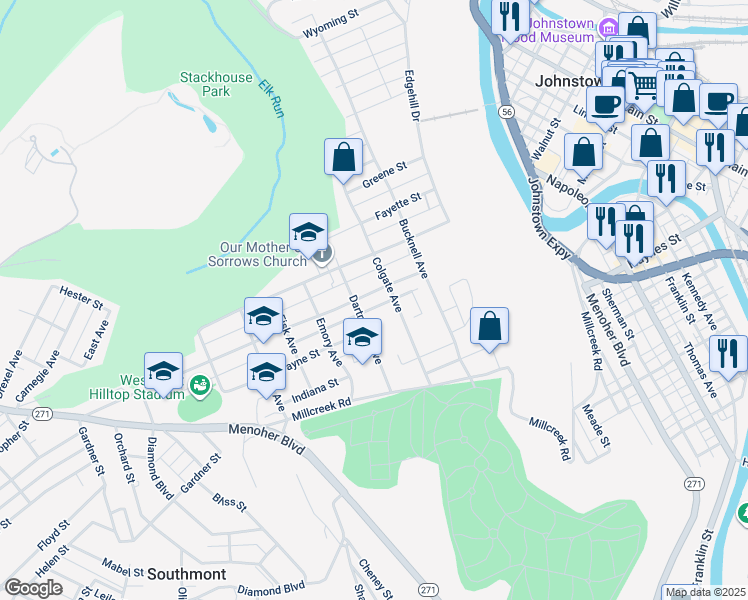 map of restaurants, bars, coffee shops, grocery stores, and more near 303 Luzerne Street in Johnstown
