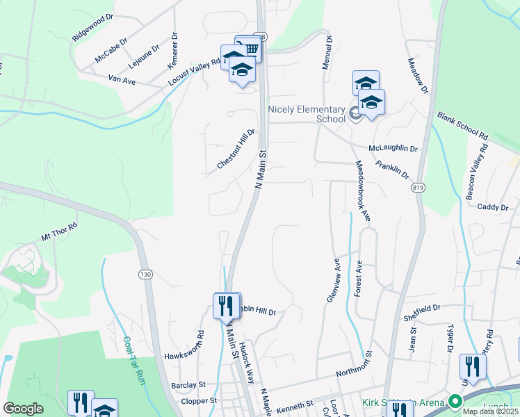 map of restaurants, bars, coffee shops, grocery stores, and more near 825 North Main Street in Greensburg