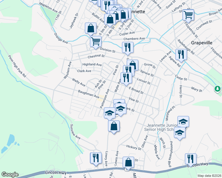 map of restaurants, bars, coffee shops, grocery stores, and more near 712 Solar Lane in Jeannette