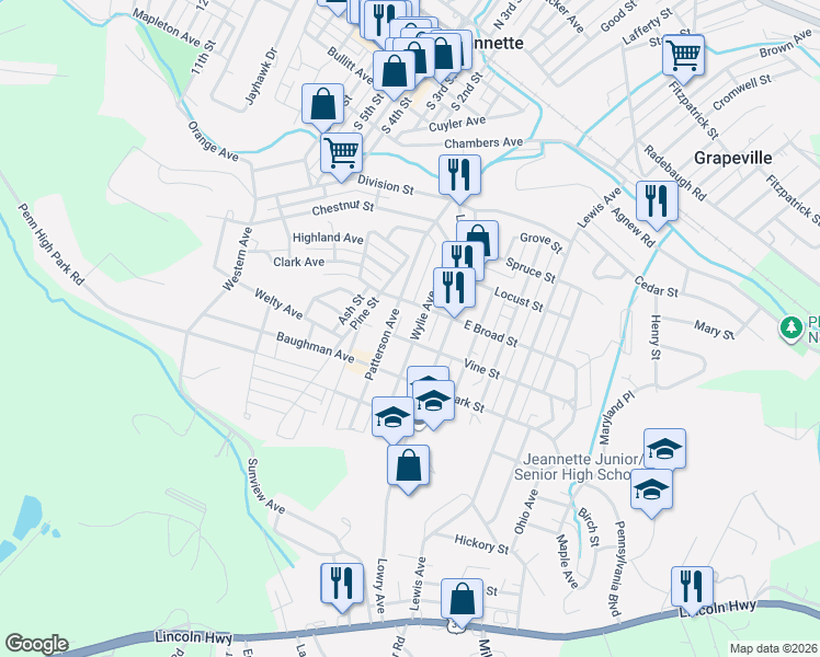 map of restaurants, bars, coffee shops, grocery stores, and more near 712 Solar Lane in Jeannette