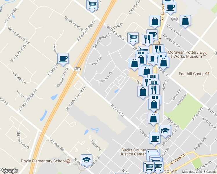 map of restaurants, bars, coffee shops, grocery stores, and more near Edison Lane Drive in Doylestown