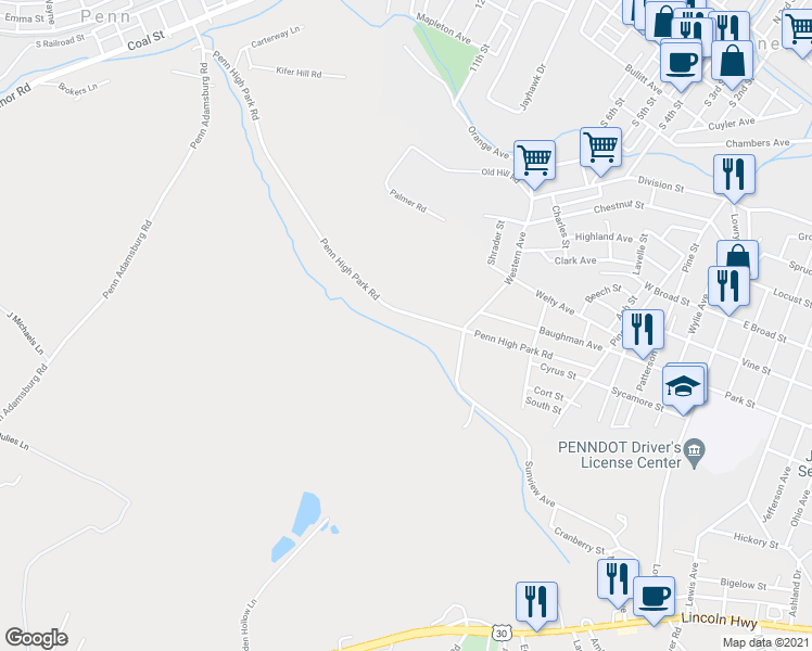 map of restaurants, bars, coffee shops, grocery stores, and more near 583 Penn High Park Road in Jeannette