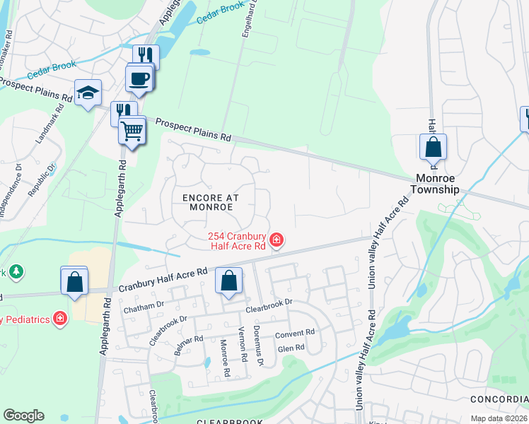 map of restaurants, bars, coffee shops, grocery stores, and more near 530 Meryl Court in Monroe Township