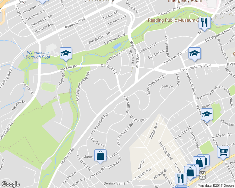 map of restaurants, bars, coffee shops, grocery stores, and more near 4 Cardinal Place in Wyomissing