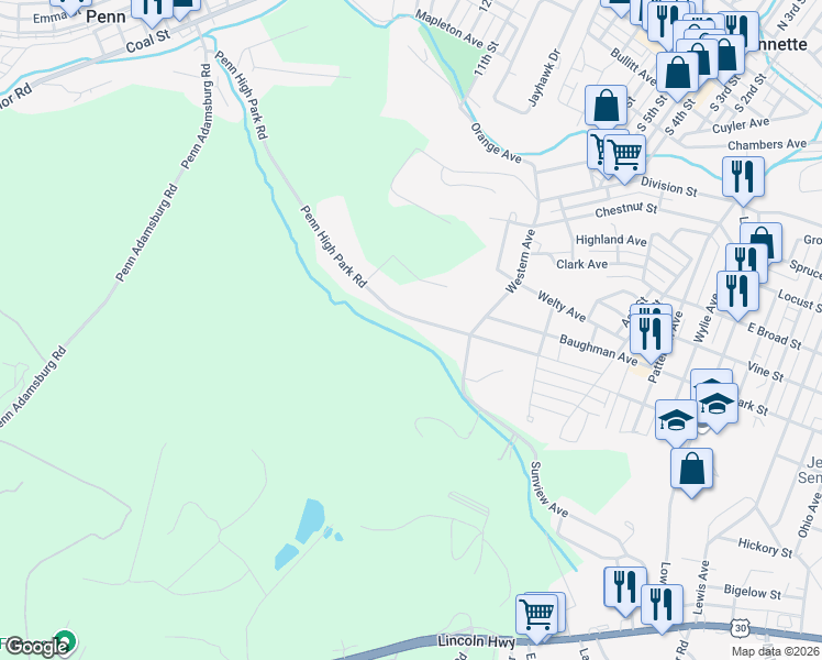map of restaurants, bars, coffee shops, grocery stores, and more near 583 Penn High Park Road in Jeannette