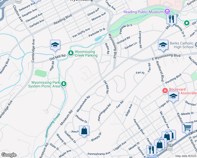 map of restaurants, bars, coffee shops, grocery stores, and more near 4 Cardinal Place in Wyomissing