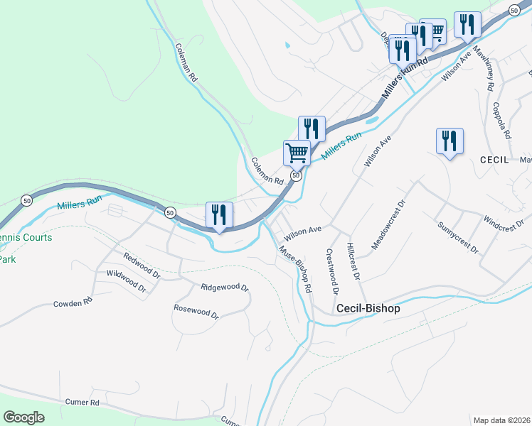 map of restaurants, bars, coffee shops, grocery stores, and more near 3344 Millers Run Road in Cecil-Bishop