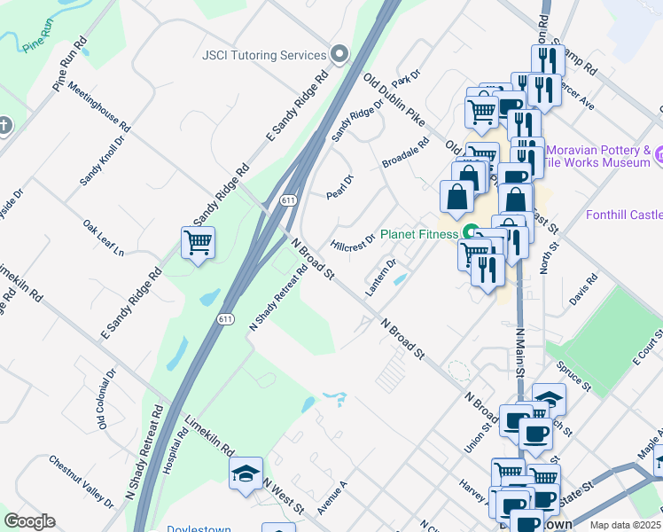 map of restaurants, bars, coffee shops, grocery stores, and more near 809 North Broad Street in Doylestown