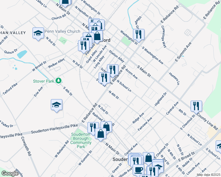map of restaurants, bars, coffee shops, grocery stores, and more near 225 West Reliance Road in Telford
