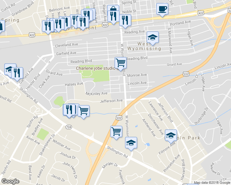 map of restaurants, bars, coffee shops, grocery stores, and more near 2336 McKinley Avenue in Reading