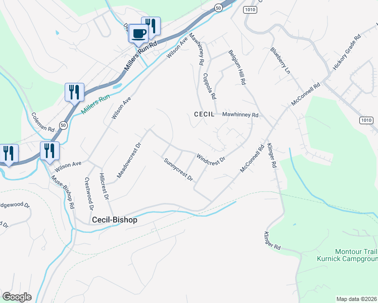 map of restaurants, bars, coffee shops, grocery stores, and more near 151 Valleycrest Drive in Cecil-Bishop