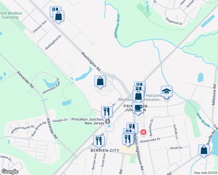 map of restaurants, bars, coffee shops, grocery stores, and more near 2 Princeton Hightstown Road in West Windsor Township