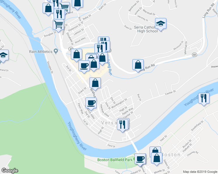 map of restaurants, bars, coffee shops, grocery stores, and more near 4605 Elm Street in McKeesport