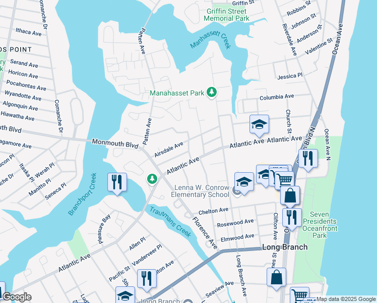 map of restaurants, bars, coffee shops, grocery stores, and more near 2 West Hillsdale Avenue in Long Branch