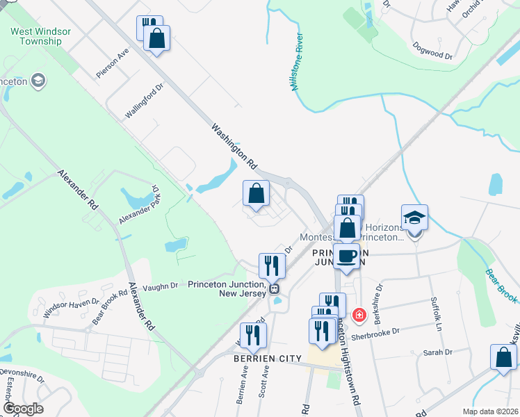 map of restaurants, bars, coffee shops, grocery stores, and more near 50 Washington Road in West Windsor Township