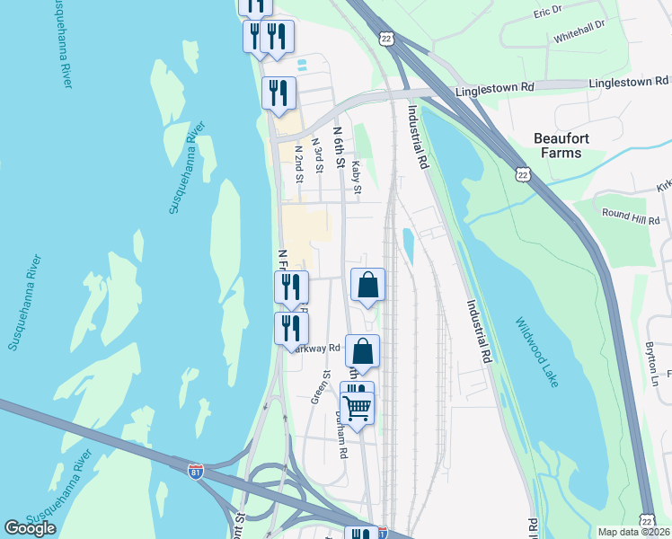 map of restaurants, bars, coffee shops, grocery stores, and more near 4106 North 6th Street in Harrisburg
