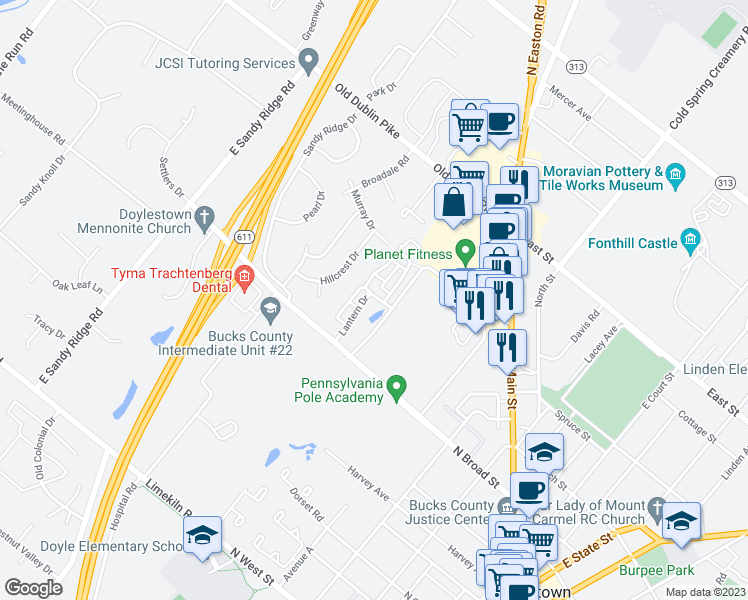 map of restaurants, bars, coffee shops, grocery stores, and more near 409 Lantern Drive in Doylestown