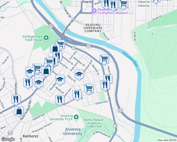 map of restaurants, bars, coffee shops, grocery stores, and more near 264 Arlington Street in Reading