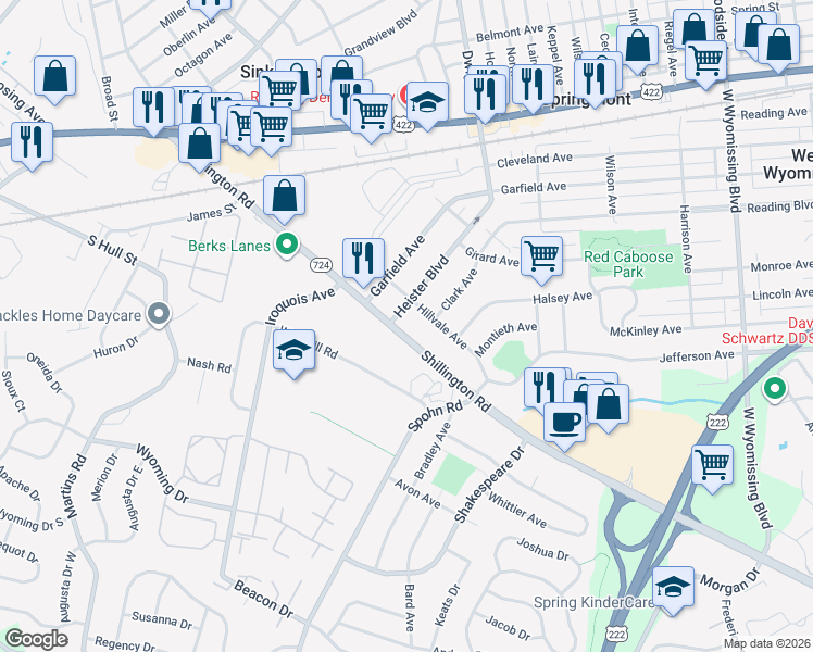 map of restaurants, bars, coffee shops, grocery stores, and more near 2826 Hillvale Avenue in West Lawn