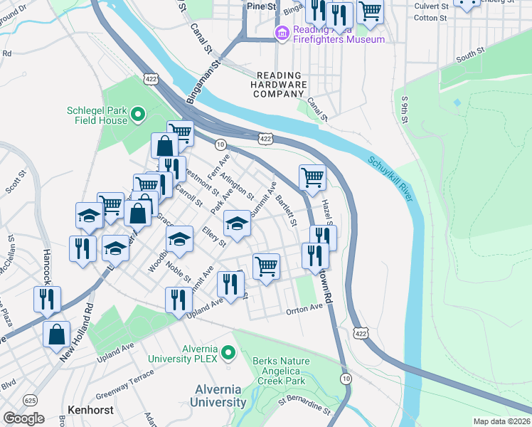 map of restaurants, bars, coffee shops, grocery stores, and more near 264 Arlington Street in Reading