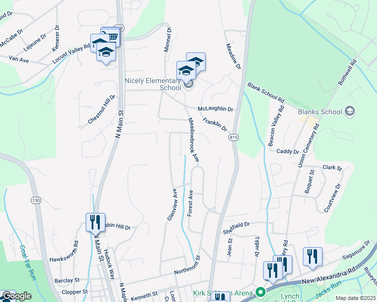 map of restaurants, bars, coffee shops, grocery stores, and more near 65 Meadowbrook Avenue in Greensburg