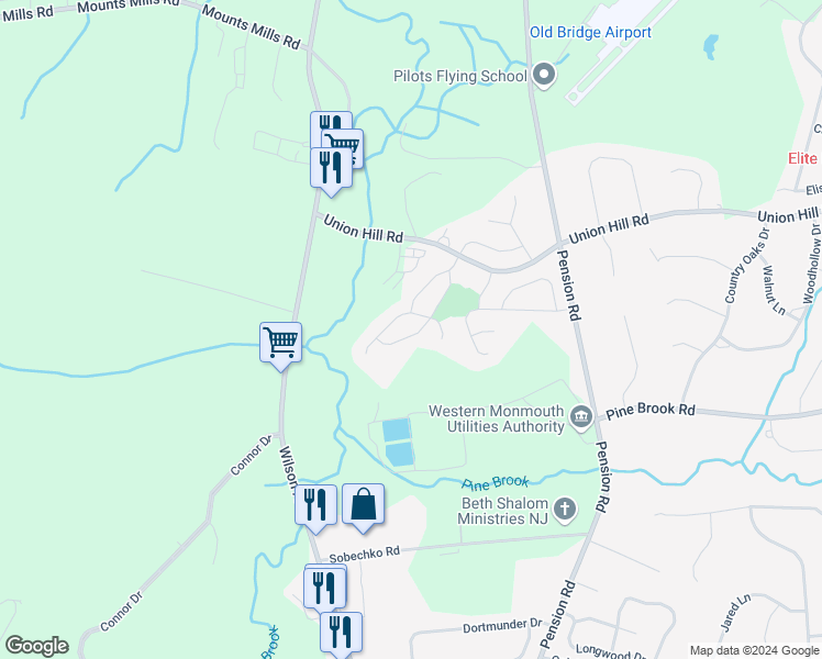 map of restaurants, bars, coffee shops, grocery stores, and more near 10 Brookview Lane in Manalapan Township