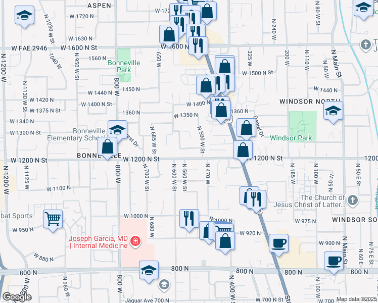 map of restaurants, bars, coffee shops, grocery stores, and more near 545 West 1240 North Street in Orem