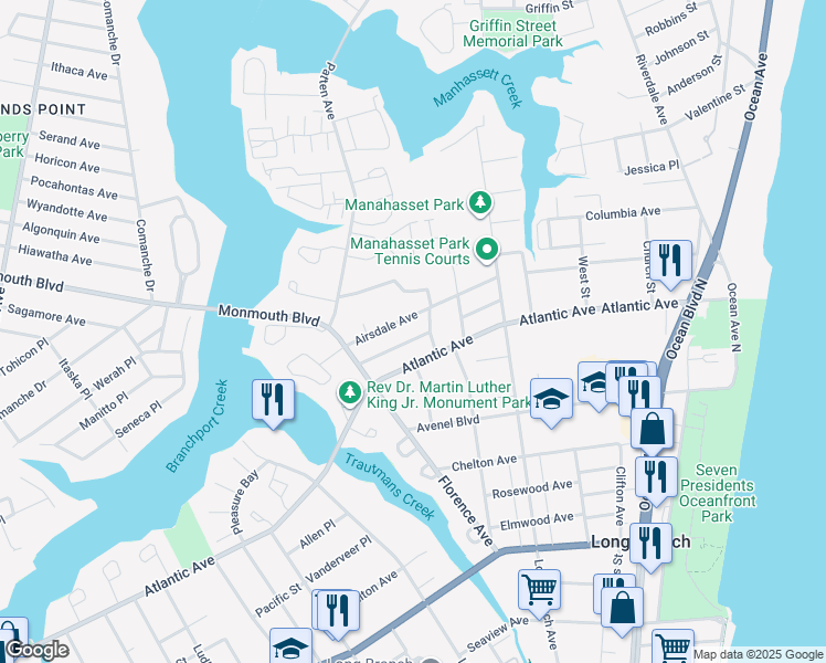 map of restaurants, bars, coffee shops, grocery stores, and more near 16 Airsdale Avenue in Long Branch