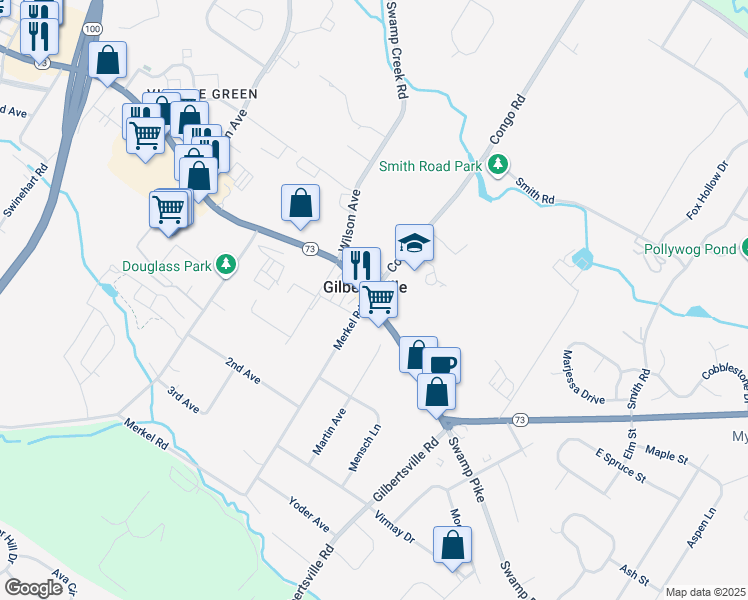 map of restaurants, bars, coffee shops, grocery stores, and more near in Gilbertsville
