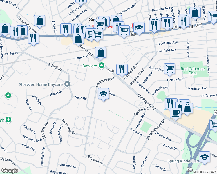 map of restaurants, bars, coffee shops, grocery stores, and more near Iroquois Ave in Reading