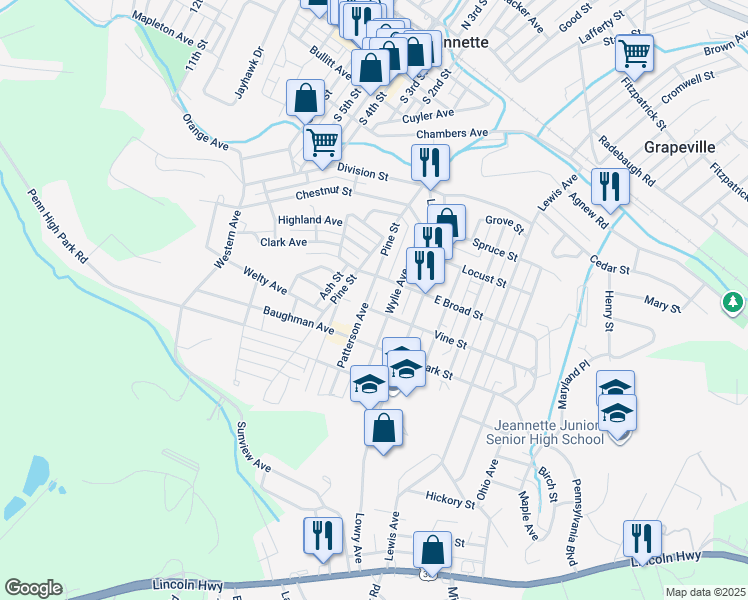 map of restaurants, bars, coffee shops, grocery stores, and more near 712 Solar Lane in Jeannette