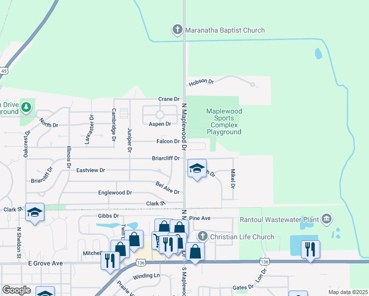 map of restaurants, bars, coffee shops, grocery stores, and more near 909 North Maplewood Drive in Rantoul