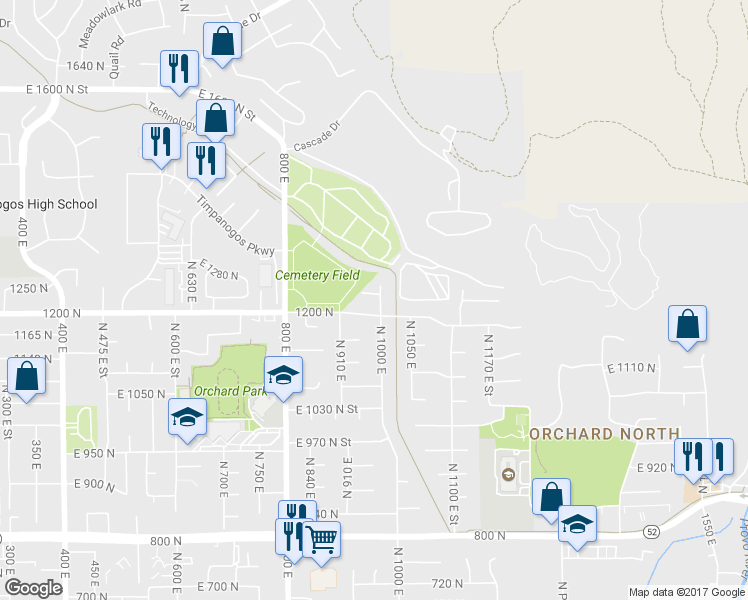 map of restaurants, bars, coffee shops, grocery stores, and more near 984 East 1250 North in Orem