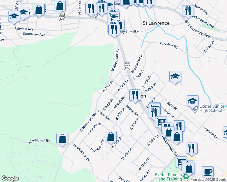 map of restaurants, bars, coffee shops, grocery stores, and more near 30 West 34th Street in Reading