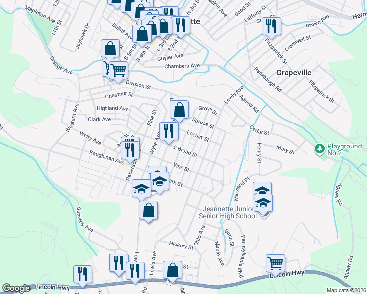 map of restaurants, bars, coffee shops, grocery stores, and more near 609 Washington Avenue in Jeannette