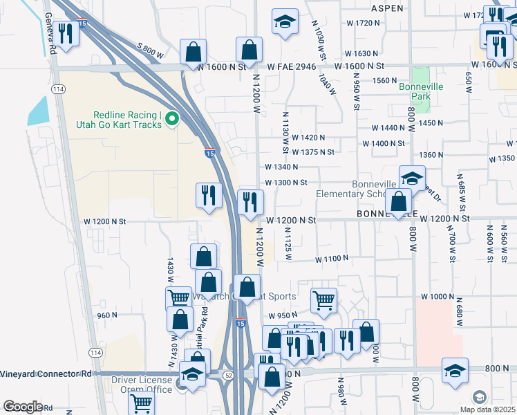 map of restaurants, bars, coffee shops, grocery stores, and more near 1236 North 1200 West in Orem