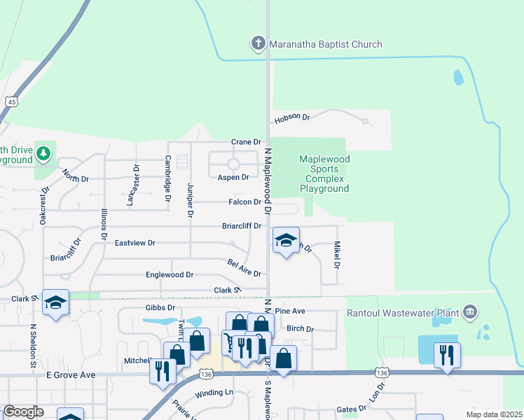 map of restaurants, bars, coffee shops, grocery stores, and more near 909 North Maplewood Drive in Rantoul
