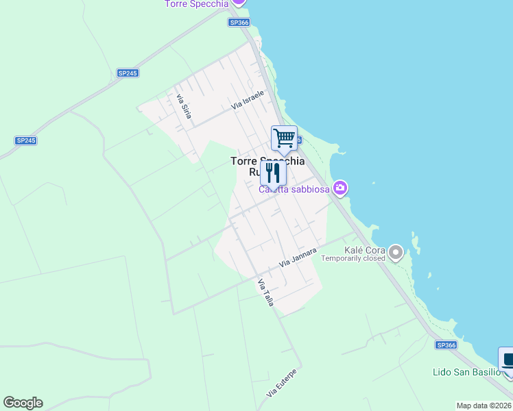 map of restaurants, bars, coffee shops, grocery stores, and more near 25 Via Nettuno in Torre Specchia Ruggeri