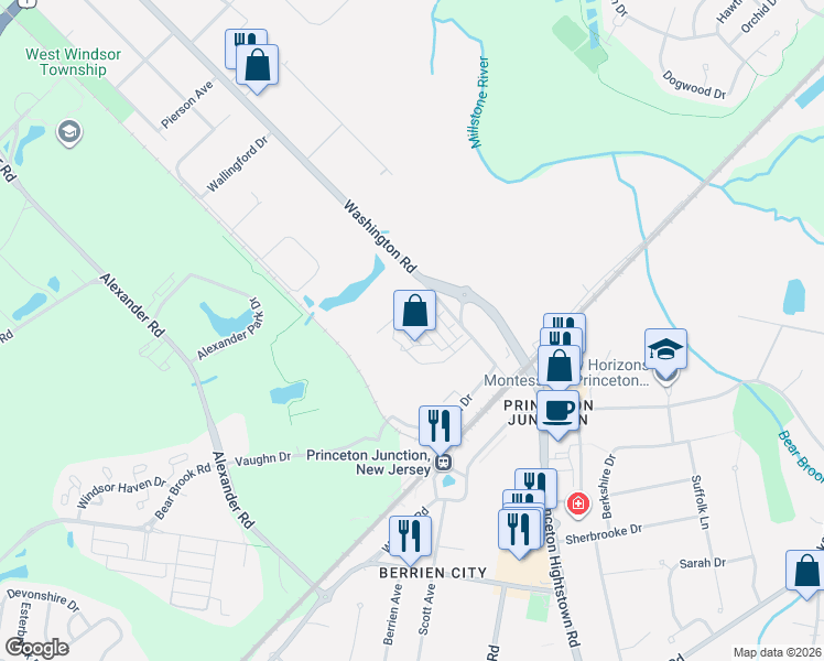 map of restaurants, bars, coffee shops, grocery stores, and more near 50 Washington Road in West Windsor Township