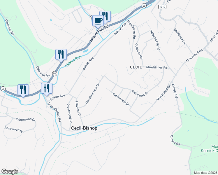 map of restaurants, bars, coffee shops, grocery stores, and more near 30 Sunnycrest Drive in Cecil-Bishop