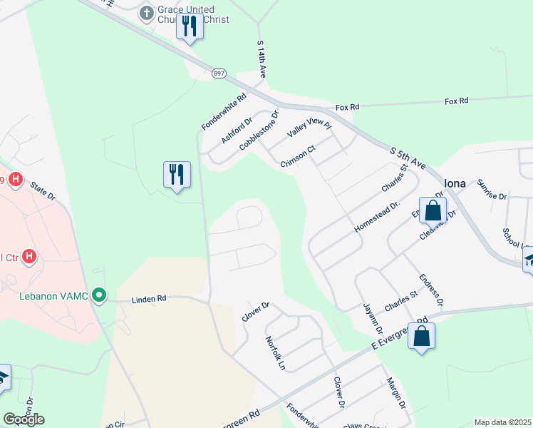 map of restaurants, bars, coffee shops, grocery stores, and more near 140 Linda Way in Lebanon