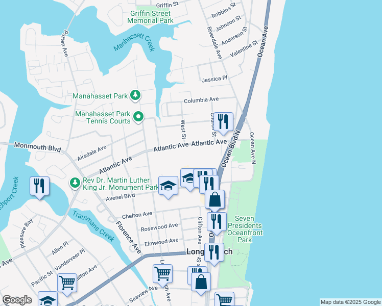map of restaurants, bars, coffee shops, grocery stores, and more near 82 Atlantic Avenue in Long Branch