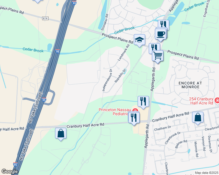 map of restaurants, bars, coffee shops, grocery stores, and more near 42 Independence Drive in Monroe Township