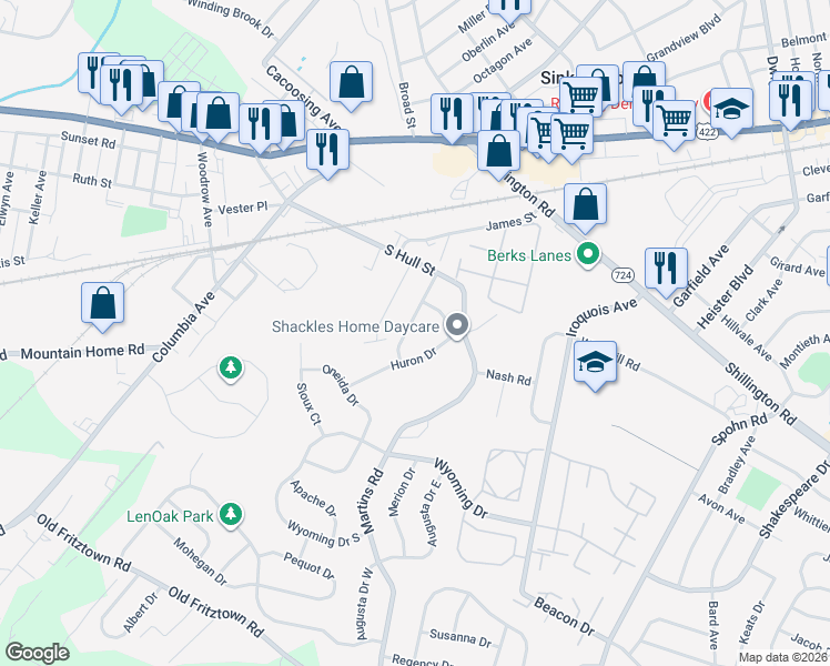 map of restaurants, bars, coffee shops, grocery stores, and more near 730 Maria Avenue in Sinking Spring
