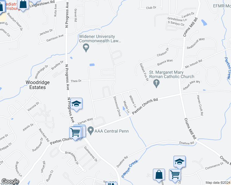 map of restaurants, bars, coffee shops, grocery stores, and more near 2500 Magnolia Terrace in Harrisburg